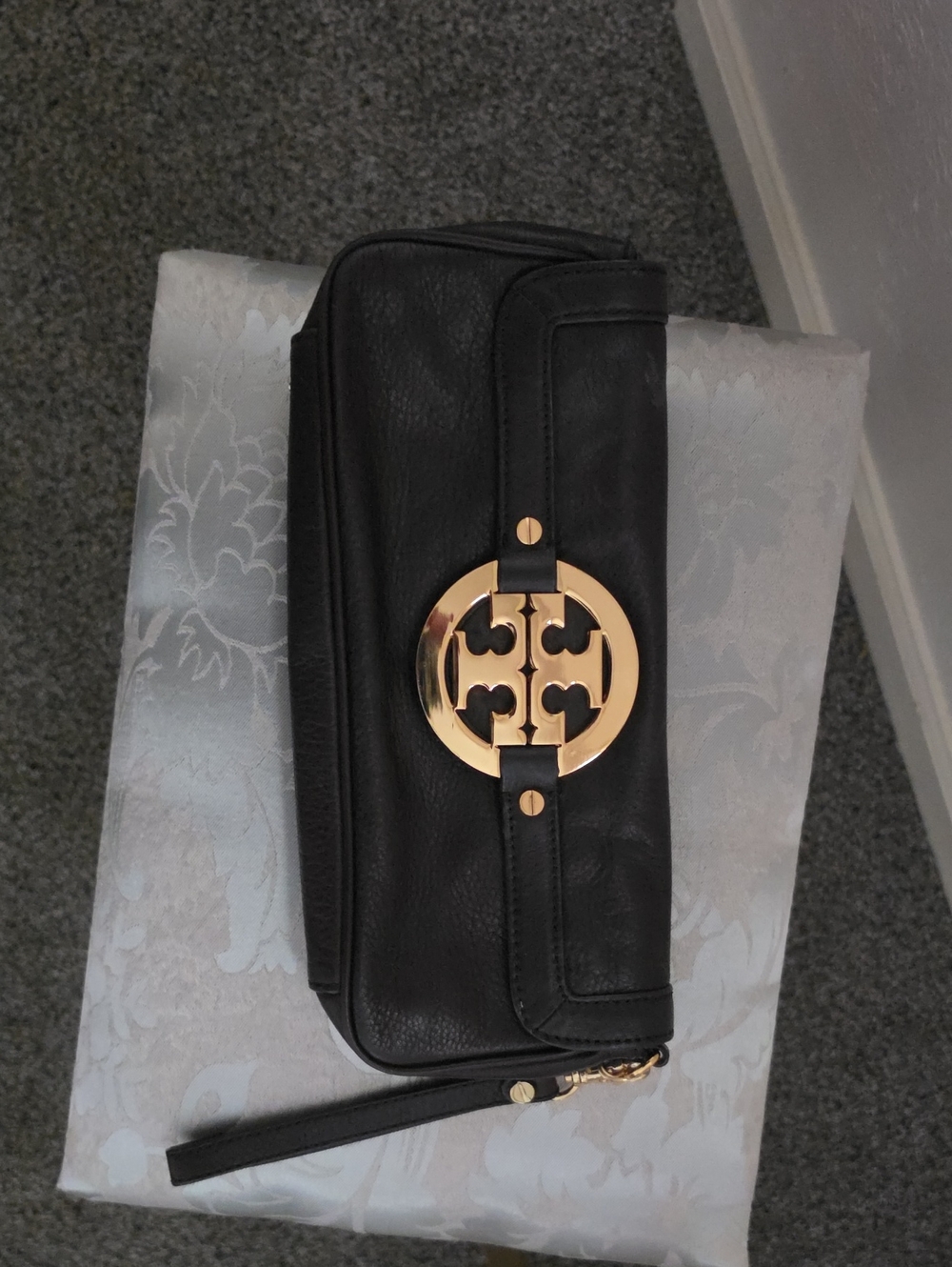 Tory Burch Dark Brown Leather Wristlet with Gold Emblem